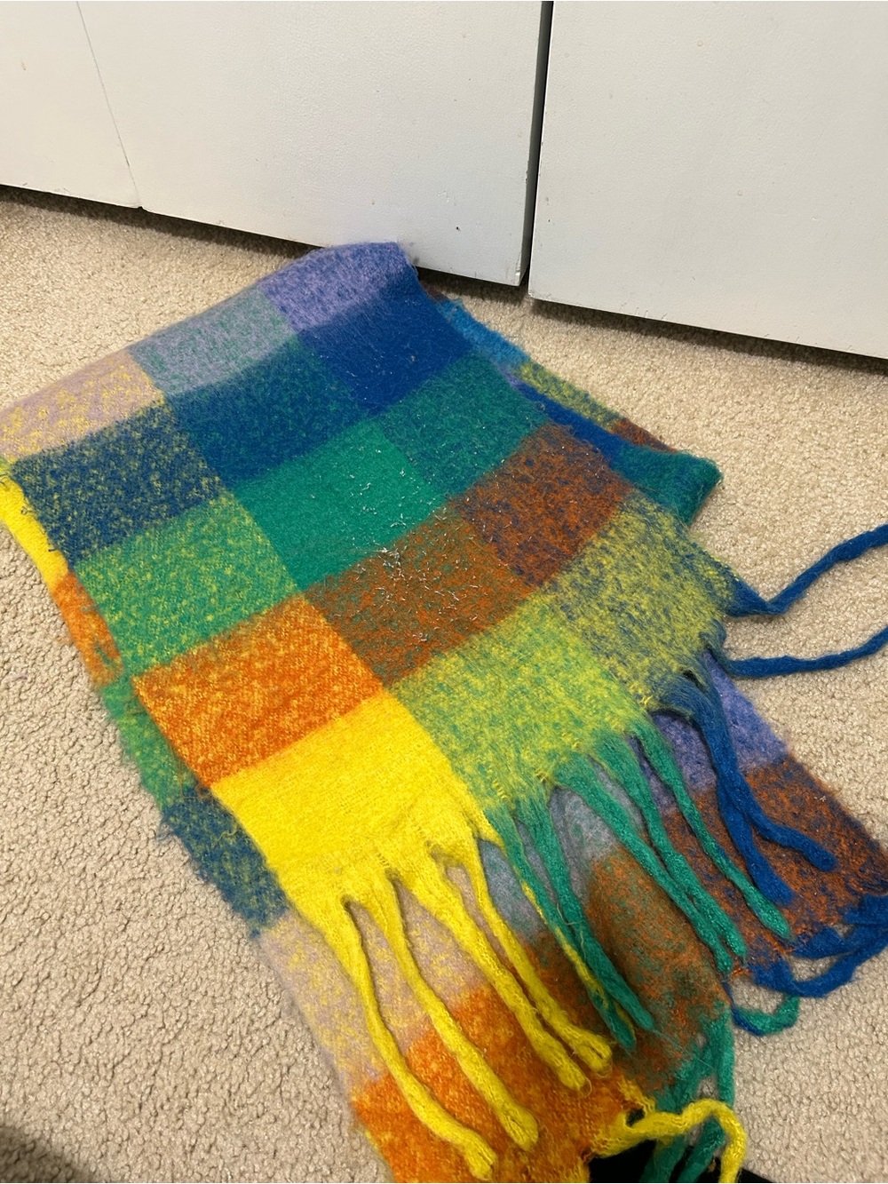 Vibrant Multicolor Plaid Fringe Scarf - Yellow, Green, Blue, Orange